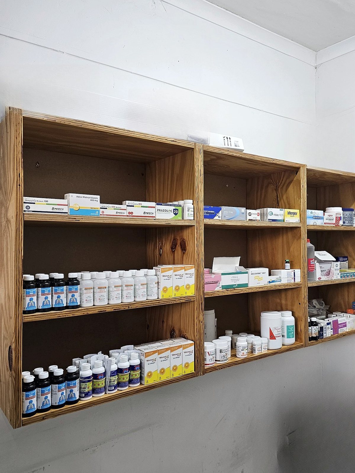 Wooden shelves stocked with medicines in the dispensary